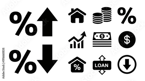 Financial icons collection depicting loan and percentage symbols with various monetary graphics and directional arrows