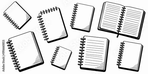 Illustrated Notebooks Scattered on White Background for Creative Projects – Stylish Sketchbook Compilations for Designers, Students, Writers, Editors – A Collection of Isolated Notes, Ideas, and Journ