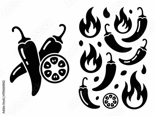 Spicy Pepper Illustration Design Set Cooking Up Flavor and Heat: Black and White Silhouette of Chili Peppers with Flames and Sliced Pepper, Culinary Art for Restaurant Menus, Food Blogs, High Spice Fo