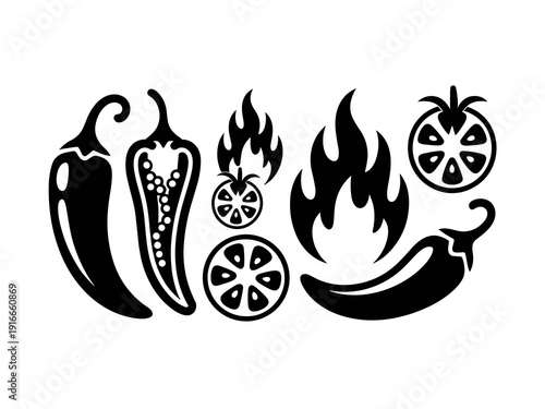 Spicy Mexican Food Ingredients Vector Illustration: Fiery Chili Peppers, Hot Jalapenos, Sliced Tomatoes on Fire for Restaurant Menus, Food Blog Recipe Designs, Salsa Labels & Cooking Illustrations, Tr