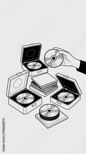 Archival of Music & Backup Data with Hand Holding Compact Disc, Opening Jewel Cases in Retro Media Library, Isometric Drawings for Digital Restoration Project, Memory Storage, Transferring Files, Vint