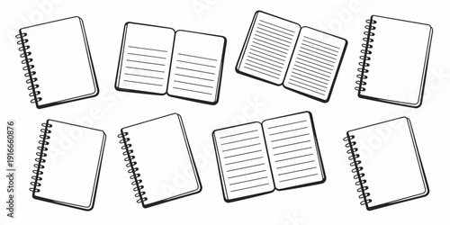 Minimalist Notebooks Arrangement: Sketchbook Collection for Creative Writing, Journaling & Note-Taking on White Backdrop – Hand-Drawn Style for Education, Business, Planner & Diary Projects, Back-to-S