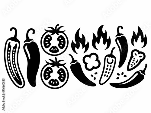 Spicy Mexican Food Design: Hot Chili Peppers and Tomatoes on White Background Illustrating Culinary Heat, Perfect for Restaurant Menu, Recipe Book and Kitchen Decoration with Black and White Graphic S