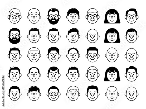 Diverse People Faces Icons Pattern: Outline vector illustration of various simplified human face icons expressing different emotions and personalities, graphic element for template, avatar, social med