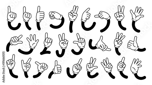 Cartoon Hands Gesturing Various Signs and Numbers on White Backdrop:  Silly Animated Arms Illustrating Countdown, Pointers, and Thumbs Up for Children's Education, Comics, Graphic Design, and Funny Co