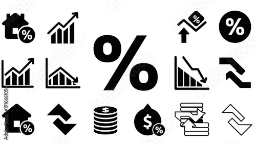 Collection of black icons representing financial growth and statistics on a plain background