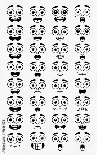 Cartoon Expressions Vector Art Collection: Animated Faces Displaying Emotions, Moods - Happy, Sad, Angry, Surprised, Excited. Graphic Design Template for Children's Content, Educational Resources, Mas