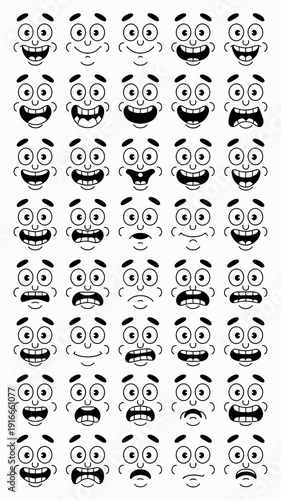 Cartoon Faces Expression Set, Character Design Elements for Animation Projects, Mood Swings Chart, Fun Emotional Variety Pack for Graphic Design,  Simplified Line Art Illustrations for Kids Education,
