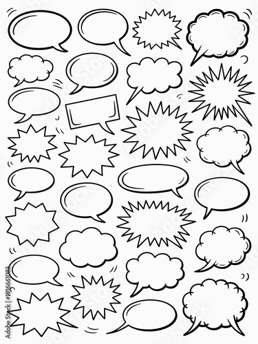 Doodle Conversation Bubbles Collection: Hand-Drawn Speech Balloons for Communicating Ideas and Thoughts in Graphic Design Projects, Digital Illustration, Cartooning, and Creative Messaging with Comic