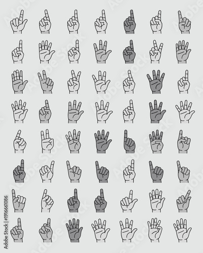 Hand Gestures Collection: Counting, Communication, Sign Language Concepts in Education, Business Training, Medicine & Healthcare, Diverse Human Resources with Flat Design, Clean Lines, Grey Scale Icon