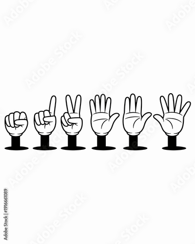 Cartoon Hands Counting Up Sequence Animation on White Backdrop: Visual Guide to Numeracy, Sign Language & Children's Education – Demonstrating Steps, Stages, Progress, and Instructions in Outlined Sty