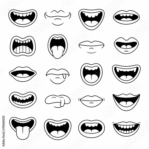 Cartoon Mouth Expressions Emoticons Set: Animated Character Mouths for Comic Design, Caricature, and Children's Animation Projects; Mouths Depicting Various Emotions, Speech, Laughter, and Playfulness