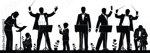 Orchestra conductor and musician silhouettes set with children and flowers black and white vector for music performance event flavector collection