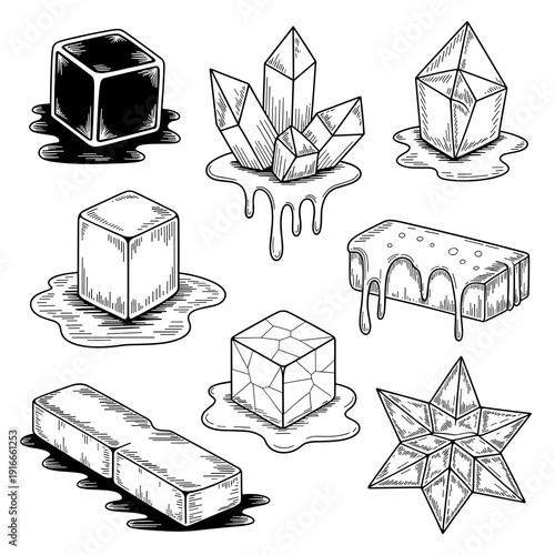 Geometric Crystals Melting into Puddles: Fantasy Elements in Fantasy World, Science Fiction Concept Art, Occult Rituals illustration, Retro Engraving Technique, Line Art, Witchcraft Material, Geologic