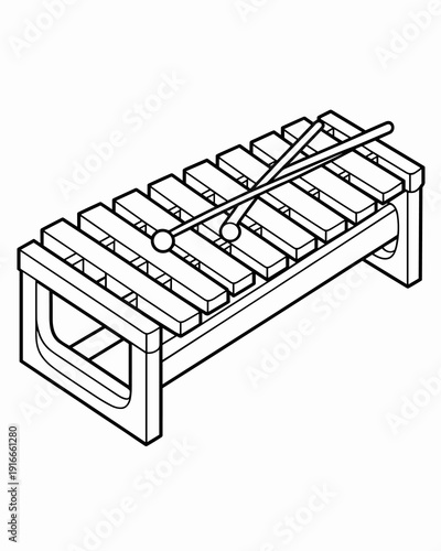 Musical Xylophone Ready to Play: Instrument on Stand with Mallets in Studio Setting for Education, Art Therapy, Childhood Development, and Classical Music Composition in Bold Line Style Vector Illustr