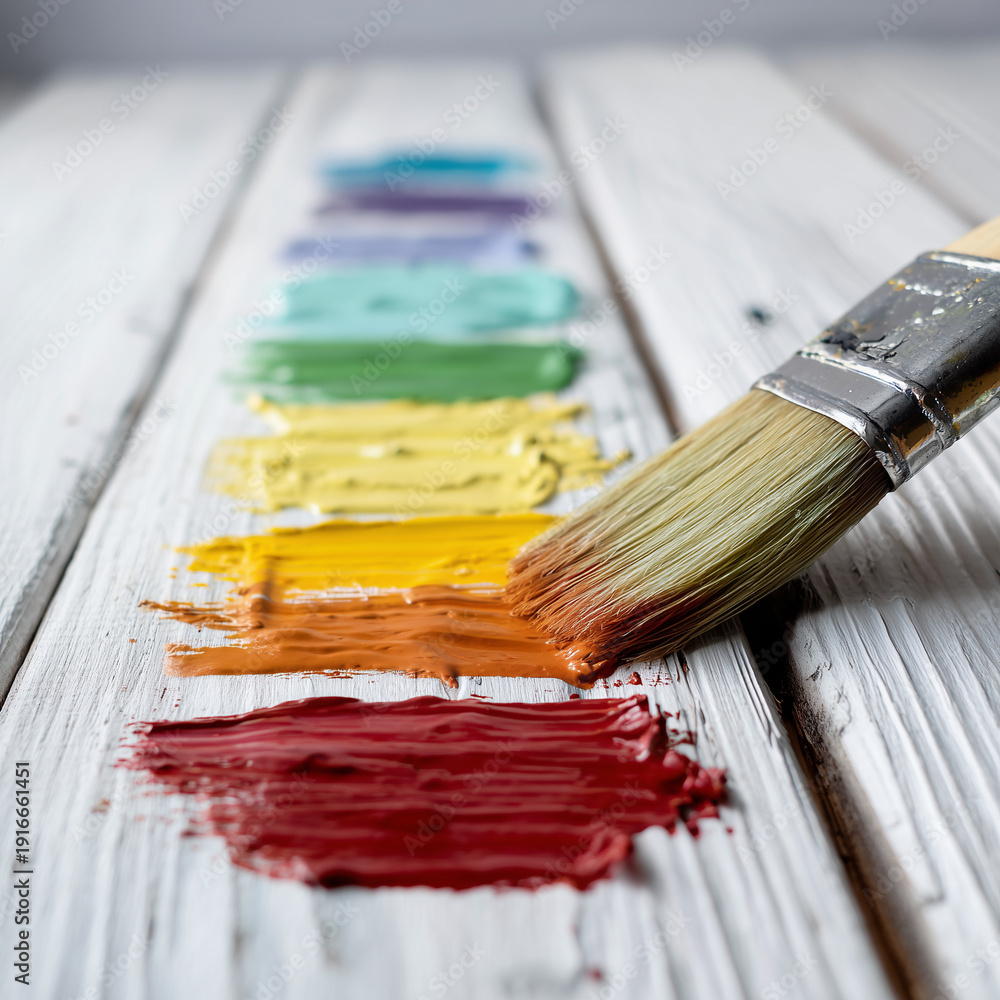 Fototapeta premium Pinsel malt Farbstreifen auf Holz – kreative Malerei, DIY und Kunsthandwerk mit bunten Farben