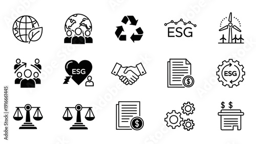 Environmental Sustainability Icons Representing ESG Principles and Practices in Black and White Illustrations