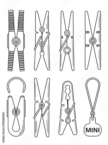 Detailed Line Art Collection of Clothespins, Pegs, and Holding Clips in a Row on White Background for Laundry Day with Classic, Modern, and Minimalist Designs in a Fashion Layout for Print, Vector Gra