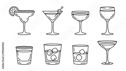 Elegant Cocktails Line Art: Refreshing Drinks for Celebrations & Party Invitations, Bar & Restaurant Menus. Outlined Margarita, Martini, Wine & Whiskey Glasses for Design Projects, Mock-ups, & Stylish