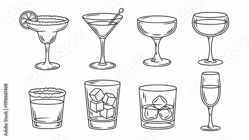 Illustrative Cocktails & Drinks Line Art: Margarita, Martini, Coupe, Wine, & Whiskey Glasses for Party Invitations, Bar Menus & Beverage Designs, Alcohol Guides, Culinary Arts Projects and Restaurant