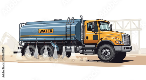 Yellow water truck spraying water for dust control at a construction site illustration