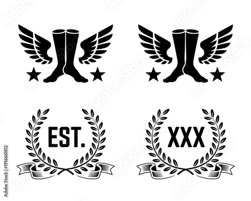 Winged Legs Emblems Vector Illustration Set for Fast Running, Football, Track and Field Club, Sports Achievement, Triumph, Success, Victory, Graphic Design Projects & Tattoo Designs, Black and White,