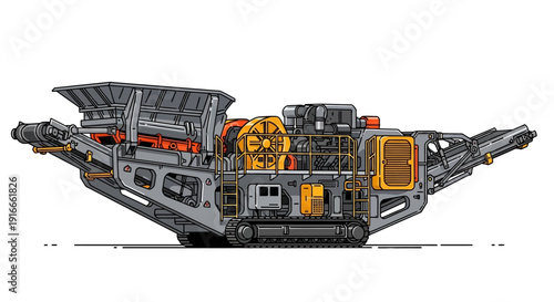 Illustration of a mobile rock crusher machine for heavy mining and industrial processing