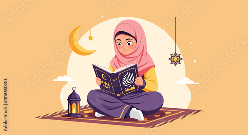 Woman reading under the soft glow of crescent moon and lantern light in peaceful surroundings