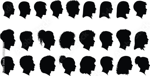 People head profile silhouette set with diverse male and female hairstyles for community identity social media and human face flavector