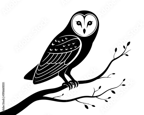 Elegant Owl Perched on Branch: Vector Illustration for Nature-Themed Designs, Wildlife Conservation Projects, and Educational Resources in a Minimalist Style. Use in Graphic Design, Invitations, Books