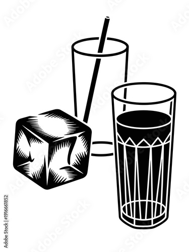 Refreshing Iced Drink Illustration Cold and Crisp: A Beverage with Ice Cubes and Straw Ready to Enjoy–Digital Graphic for Summer Menus, Bar Promotions, Restaurant Marketing, or Refreshment Designs, Bl