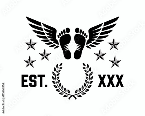 Wings & Feet Logo Emblem: Champion Spirit Symbol, Athlete Motivation, Established XXX, Vintage Sports, Racing Prowess, Determination Insignia, Elegant Design, Fitness Team Branding, Graphic Element, S