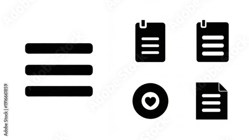 Collection of simple black icons representing documents and user interface elements on a clean white background viewed from directly above