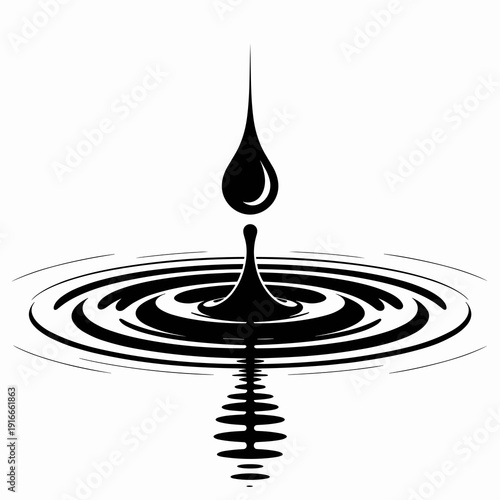 Abstract Black Droplet Plunging into Ripple Water – Impact Illustration, Minimalist Graphic, Dark Fluid, Circle Waves, Monochrome Design, Aquatic  Element, Environment Concept, Oil and Gas Industry, P