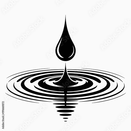 Droplet Impact Creating Ripple Effect, Serene Water Surface, Conceptual Purity and Simplicity, Graphic Illustration of Fluid Dynamics, Black and White Minimalist Design, Visualizing Balance, Harmony,