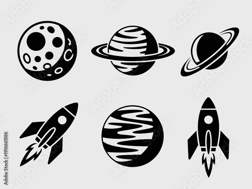 Space Exploration Icons Set: Rockets Launching and Planets Orbiting in a Minimalist Design for Cosmic Adventures, Scientific Illustrations, Education, and Imaginary Journeys Through the Universe, Grap