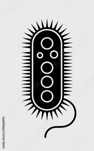 Stylized Bacteria Vector Illustration: Microscopic Germ Floating on White Backdrop for Scientific Study, Microbiology Research, and Medical Health Education; Bold Graphic Style, Black and White Concep