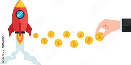 Business startup concept with red rocket launching and hand adding gold dollar coins as fuel for financial growth and investment success vector.