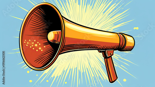 A colorful illustration of a megaphone on a blue background with yellow accents