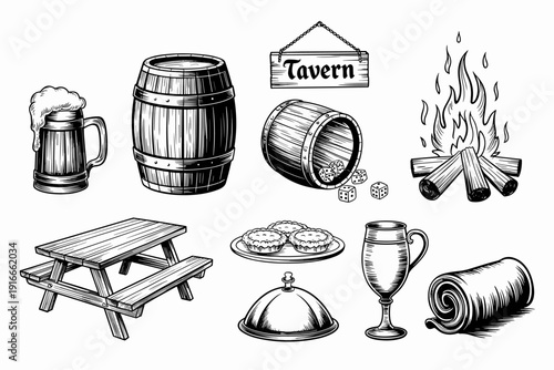 Tavern Scene Illustration: Rustic Pub Elements with Drinks, Food & a Bonfire, Featuring a Wooden Beer Mug & Barrel with Dice, Ideal for Menu Design, Invitations ,Gastropub Decor, Vintage Black & White