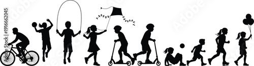 Vector illustration of children outdoor play silhouettes symbolizing joy, movement, childhood, culture, recreation, education, and social values