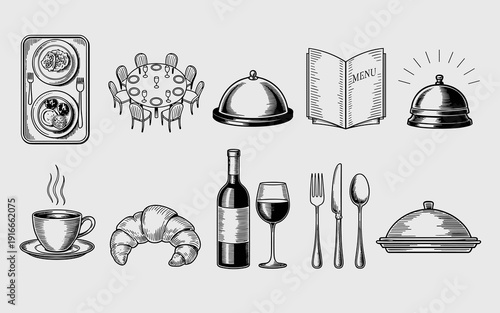 Elegant Restaurant Illustrations  Presenting Culinary Art Dining Elements of Menu Selection in Bistro Setting, Featuring Gourmet Cuisine, Wine Service with Sophisticated Tableware & Catering Style Des