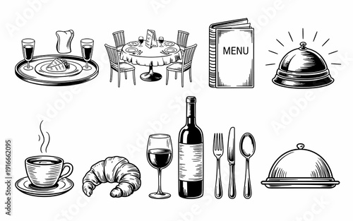 Elegant Dining Experience: Line Art Illustration of Restaurant Scene Featuring Gourmet Food, Wine, and Service for Culinary Design, Catering Promotion, Hospitality Branding, Menu Design, Vintage Style
