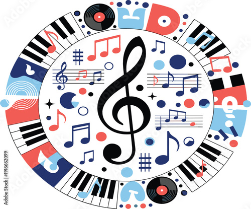 Abstract circular music composition with treble clef piano keys musical notes and vinyl records in red and blue flat vector design.