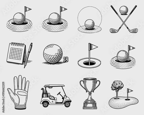 Golf Illustration Collection: Sporting Graphics for Course Design, Event Planning & Tournament Branding – Detailed Line-Art Icons Depicting Golf Balls, Clubs, Cart, Trophy, Glove, Calendar, & Tee, Ide