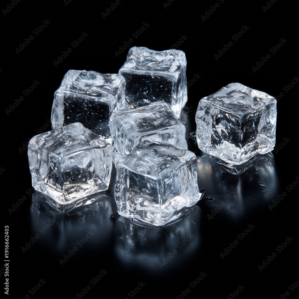 Obraz premium Clear Ice Cubes on Black Background - Close-Up Reflection