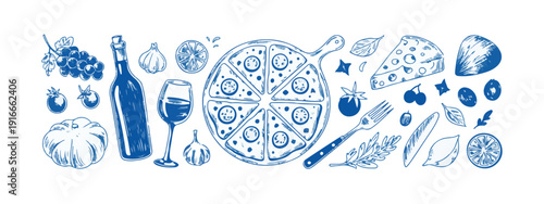 Hand Drawn Italian Food and Drink Elements on White Background pizza wine