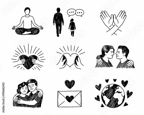 Kindness and Compassion: Doodle Icons of Support, Love, Empathy, Connection, Meditating in Zen Serenity, Global Peace, Romance, Relationship Communication, Nurturing Harmony, Heartfelt Gestures, Minim