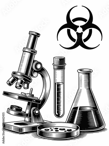 Scientific Research Illustration: Microscope Inspecting Sample Vial in Lab  for Virus, Bacteria Biohazard Study and Medical Experiment, Engraved Design for Pharmaceutical, Biotechnology, Education Pro
