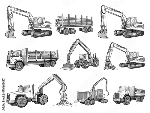 Logging Equipment Vehicles Transportation Forest Industry Sketch: Outlined Tractor Trucks Carry Logs Forestry, Lumberjack Resources, Harvesting Timber in the Wilderness, Conservation, Environmental Co